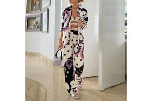 Women's Plus-size Temperament Long-sleeved commuter Shirt High-waisted Wide-leg Pant Suit