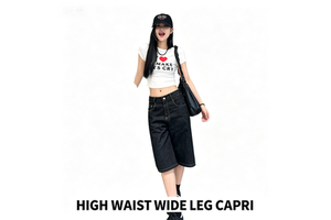 2026 Summer Eco-Friendly Casual Breathable Streetwear Women's Loose High Waist Cropped Wide Leg Jeans Black Denim Capri Trousers