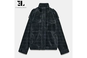 LARSUR Custom Denim Factory Washed Faux Suede Bomber Jacket Classic Faux Leather Suedette Racing Motorcycle Jacket Coat Women