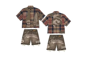 Custom Logo Men's Summer T-Shirt Set Screen Print Graphic Rhinestone Plaid Shirt And Denim Short Sets For Men