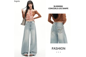 American Light Blue High-waisted Flare Jeans Women's 2026 New Spring Casual Leopard Hole Bow Loose Drape Straight Floor Pants