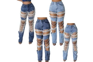 Women High Waisted Button Chain Hollow Out Straight Jeans Pants Female Pocket Denim Trousers