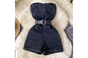 Peeqi Fashion Autumn Sexy Women's Denim Jumpsuits Strapless Belt Rhinestones Jeans Romper Denim Sleeveless Jumpsuits for Women