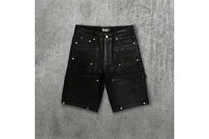 YUCE Custom Factory Waxed Black Denim Shorts Riveted Double Knee Jorts Coated Carpenter Men's Shorts