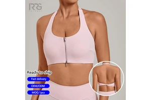 Roregal Back Twist Sports Bra Women Naked Feel Front Zip Halter Yoga Bra With Removable Pads For Gym Fitness