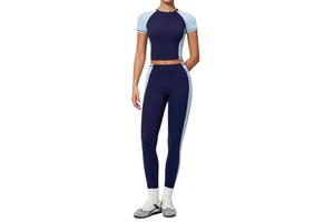 Bare-Skin Solid Yoga Set Women Crew-Neck Short Sleeves High-Waisted Pants Sweat-Wicking Highly Stretchy Slim-Fit
