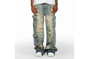 Fashion Men Plus Size Big Pocket Baggy Hop Hip Vintage Patchwork Custom Wide Leg High Quality Distressed Men's Denim Jeans