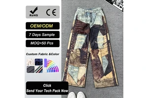 Bulk High Street Hip Hop High Waist Custom Embossed Breathable Washable Cotton Patchwork Jeans for Men & Women Spring