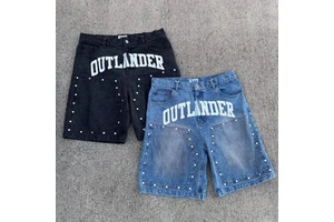 Customized logo Men's Retro-style Denim Shorts, Acid-washed Outdoor-style Denim Shorts, Diamond-embroidered Denim Shorts
