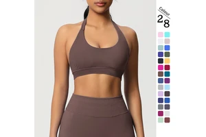 Women's Breathable for High Elasticity Halter Sports Bra with Front Logo for Seamless Tight Fit Running Yoga Solid