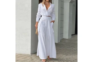 Plus size fashion women's casual solid color short long-sleeved shirt high waist wide leg pants suit women's two-piece set