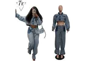 Think 2025 Vintage Style Women's 2-Piece Set Long Sleeve Denim Crop Tops Pants Suits Washed Technique for Summer Outfit Blocks
