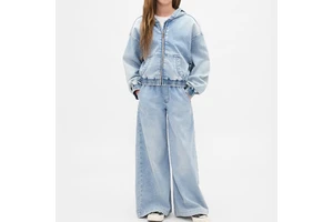 Unique Style Casual Summer Denim Suit for Women Zipper Design Jacket Pants Solid Color 100% Cotton 2 Piece Long Set