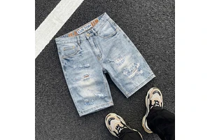 Custom Street Wear Straight Hole Denim Short Pant Men's Loose Plus Size Washed High Quality Summer Ripped Denim Short Pant OEM