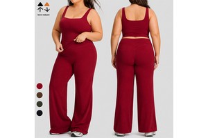 US EU Plus Size Curvy Women Yoga Set High Stretch Breathable Square Neck Tank Wide Leg Pants 2 Piece Activewear Workout Set