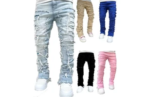 High Quality Men's Cotton Denim Streetwear Pants Wholesale Mid Straight Moustache Effect Distressed Wash Ripped Stacked Jeans