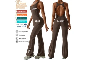 Elastin Backless Workout Romper Quick Dry Flare Leggings Yoga Jumpsuits Knitted Women Plus Size Gym Fitness Bodysuit