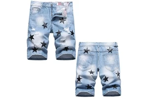 Men's High Street Stonewashed Denim Shorts Hip Hop Utility Solid Embroidered Orange Five-Pointed Star for Party Stylish for