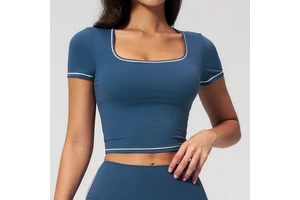 Yoga Short-sleeved for Women Tight-fitting Waist-exposed Color Blocking Spandex/Nylon Outer Wear Quick-drying Running Top