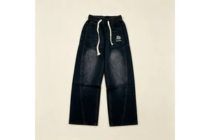 Men's Drawstring Jeans Dark Blue Denim Trousers Elastic Waistband Loose Fit Casual Pants Custom Logo Wholesale Bulk Supply
