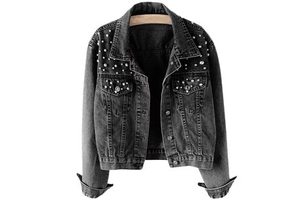 Hiking Women's Casual Oversized Embroidered Pearls Beading Denim Jacket Long Sleeves Jean Coat Bridal Pearls Denim Jacket
