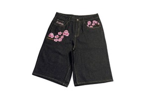 Men's Denim Baggy Loose High Waist Jorts Flower Embroidery Custom Streetwear Shorts Startup Brands Independent Label Small Batch