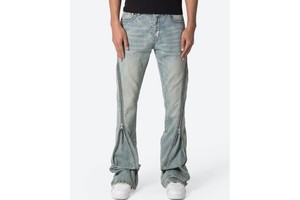 Yinope New Design Fashion Custom Men's Outer Seam Long Zipper Trims Vintage Blue Wash Distressed Stacked Flare Fit Denim Jeans