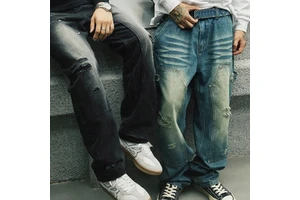 Custom Jeans Pants Men's Stone Wash Heren Male Large Wide Leg Low Rise Men Flared Stacked Baggy Ripped Knee Denim Jeans