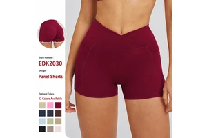 Cross Waist Yoga Shorts With Pockets High Waisted Crossover Biker Shorts Tummy Control Butt Lifting Gym Workout Shorts