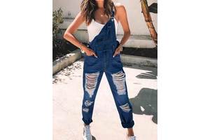 Women's Retro Destroyed Ripped Denim Overalls, Comfortable Washed Blue Jumpsuit for Daily Casual Wear Spring