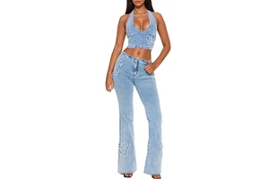 Custom New Design Women Denim Suit Sexy Deep V Crop Top Straight High Rise Flare Jeans Acid Wash Denim Jeans Women's Set