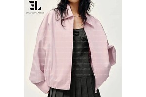 LARSUR Custom Factory Washed Cotton Twill Cropped Fight Bomber Jacket Ripped Biker Racing Motorcycle Denim Jean Jacket Women