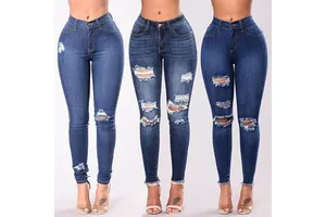 New Fashion Women's Denim Trousers Elastic Solid Color Stretch Ripped Holes Slim Skinny Pencil Pants for Summer Logo Waist