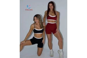Custom Color High Waist Workout Set Fitness Women Double Layer Sports Bra Gym Leggings Striped Shorts Yoga Set