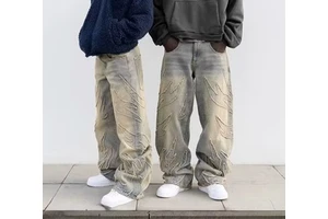 Customizable Vintage Y2K Hip Hop Jeans Raw Edge Denim Embroidery Baggy Straight Cut Mid Waist-All Seasons Fashion Winter 3D