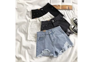 Wholesale Summer Women's Denim Shorts High Waisted Solid Color Girls' Shorts Retro Casual Comfortable Denim Shorts