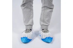 Strong Wear Resistance Disposable Plain Toe White & Blue Stitched CPE Pull-On Dustproof & Waterproof Non-slip Shoe Covers