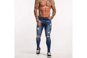 Full Length Low Waist Custom Printed Straight Casual Breathable Denim Jeans Blue Men's High Quality Knitted