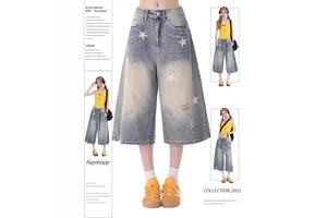 Women's Premium Quality Summer Fashion Star Print Wide Leg Jeans High Waist Loose Fit Casual Seven Inch Denim Pants