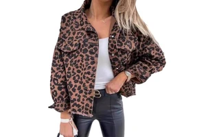 Women's Cowboy Denim Jacket Leopard Print Long Sleeves Short Casual Regular Fit Breathable Quick Dry Destroy Wash 100% Organic