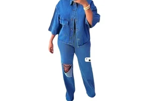 Casual Fashion Women's Denim Two-Piece Suit Large Size Spliced Shirt and Short Sleeved Loose Jeans for Summer