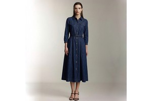 Summer Spring Fall Denim Shirt Dress For Women Formal Casual Belted Long Sleeve Button Down Knee-Length Washed Dress With Pocket