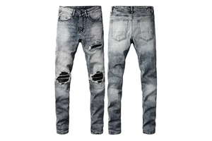 Vintage Blue Designer Pants Men's Slim Fit Washed Distressed Denim Jeans Wholesale Tapered Ripped Destroyed Damage Winter