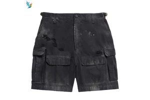 Custom Logo Multiple Cargo Pockets Solid Pattern Men's Casual Distressed Waxed Coated 100% Cotton Denim Jeans Shorts