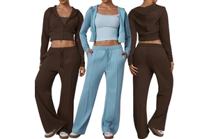 FH Solid Custom Zip Drawstring Yoga Set High Waist Wide Leg Pants Two Piece Loose Fit Breathable Four-Way Stretch Sportswear