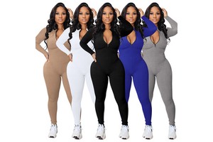 Custom Logo Spring Stretch One Piece Jumpsuit Sport Turtleneck Zipper up Solid Long Sleeve Bodycon Jumpsuit Women