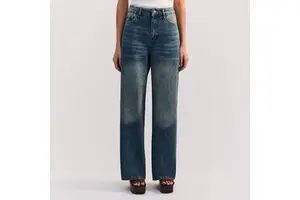 Women High Waist Wide Leg Straight Jeans Vintage Light Blue Washed Distressed Denim Pants Casual Loose Fit Trousers