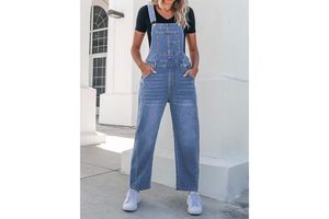 Luvamia 2025 Women's Casual Barrel Leg Overalls Baggy Bib Stretchy Denim Jumpsuit Pockets Loose Fit Jean