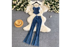 2026 Fashion Women Suits 2 Piece Women's Denim Set Sexy Cami High-Waist Slim Pants Chic Two-Piece Outfit Two Piece Set Ladies