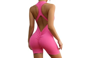 Women Zipper Gym Seamless Sportswear Fitness One Piece Sports Suit Workout Playsuit Backless Yoga Jumpsuit Shorts Set